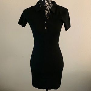 Black Ribbed Stretch Dress With Collar